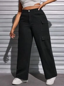 SHEIN SXY 女士加大碼翻蓋口口袋牛仔褲 - 黑色 - 查看 4