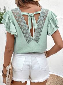 SHEIN Frenchy 女士蕾絲和褶皺後拉帶下擺襯衫 - 綠色 - 查看 4