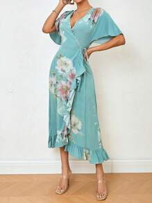 SHEIN Frenchy Bridesmaid Dress With Floral Print, Ruffles, And Decorative Trim - Green - View 5