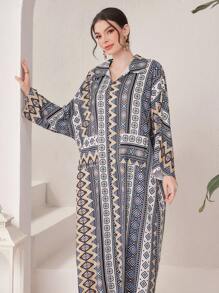 Al Najma Geometric Printed Batwing Sleeve Dress Kaftan Jalabiya Dress - Multicolor - View 6