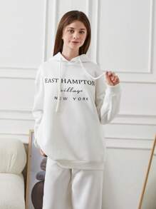 RueChic Teen Girl Slogan Printed Drawstring Hoodie And Sweatpants Two-Piece Set