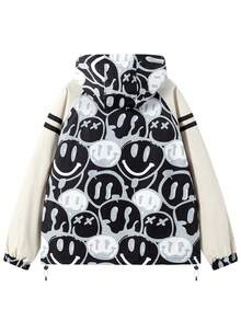 Chaqueta Con Capucha De Patrón De Cara De Dibujos Animados Para Hombres, Multicolor - Blanco y Negro - Ver 2