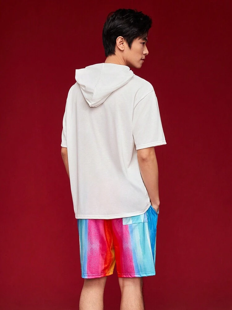 Men's Loose Fit Casual Hooded Short Sleeve T-Shirt And Shorts Set With Printed Design