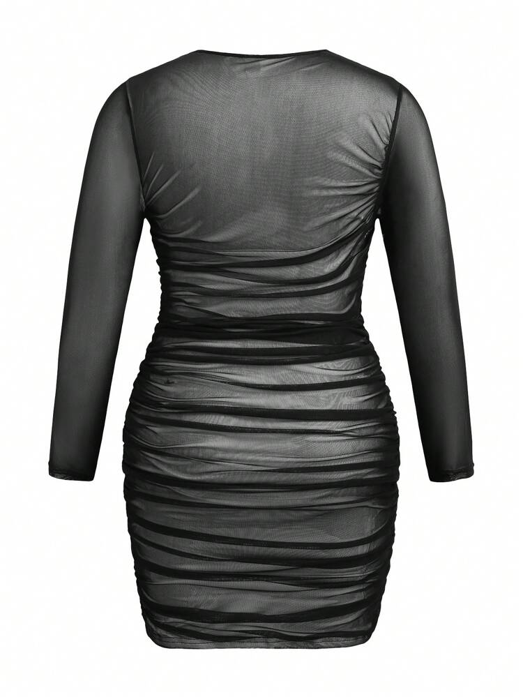 Plus Size Bodycon Mesh Cocktail Dress With Pleats