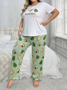 Kích thước lớn Của phụ nữ Trái bơ In Ngắn tay Áo thun Và Quần Bộ mặc nhà - màu xanh lá - Xem 3