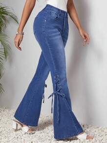 SHEIN LUNE Tie Waist Flared Denim Pants - Blue - View 3