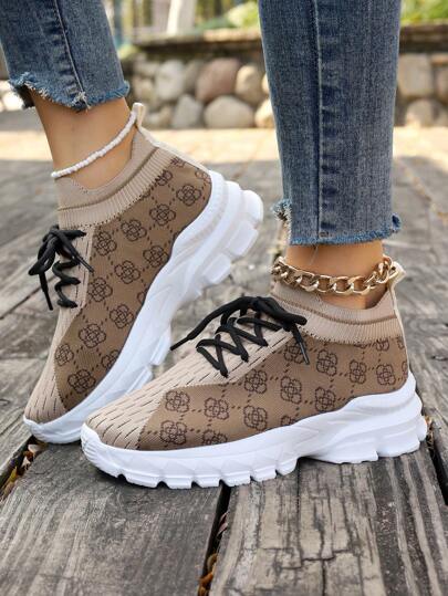 Women's Brown Fashionable Knitted Mesh Sports Shoes, Plus Size, Comfortable, Student Shoes, Outdoor Breathable Running Sneakers