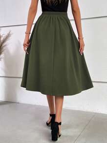 Ellevyn Women's Solid Color Pleated Button Detail Skirt - Army Green - View 6