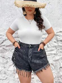 SHEIN CURVE+ Plus Size Women'S Black Elastic-Free Casual Denim Shorts