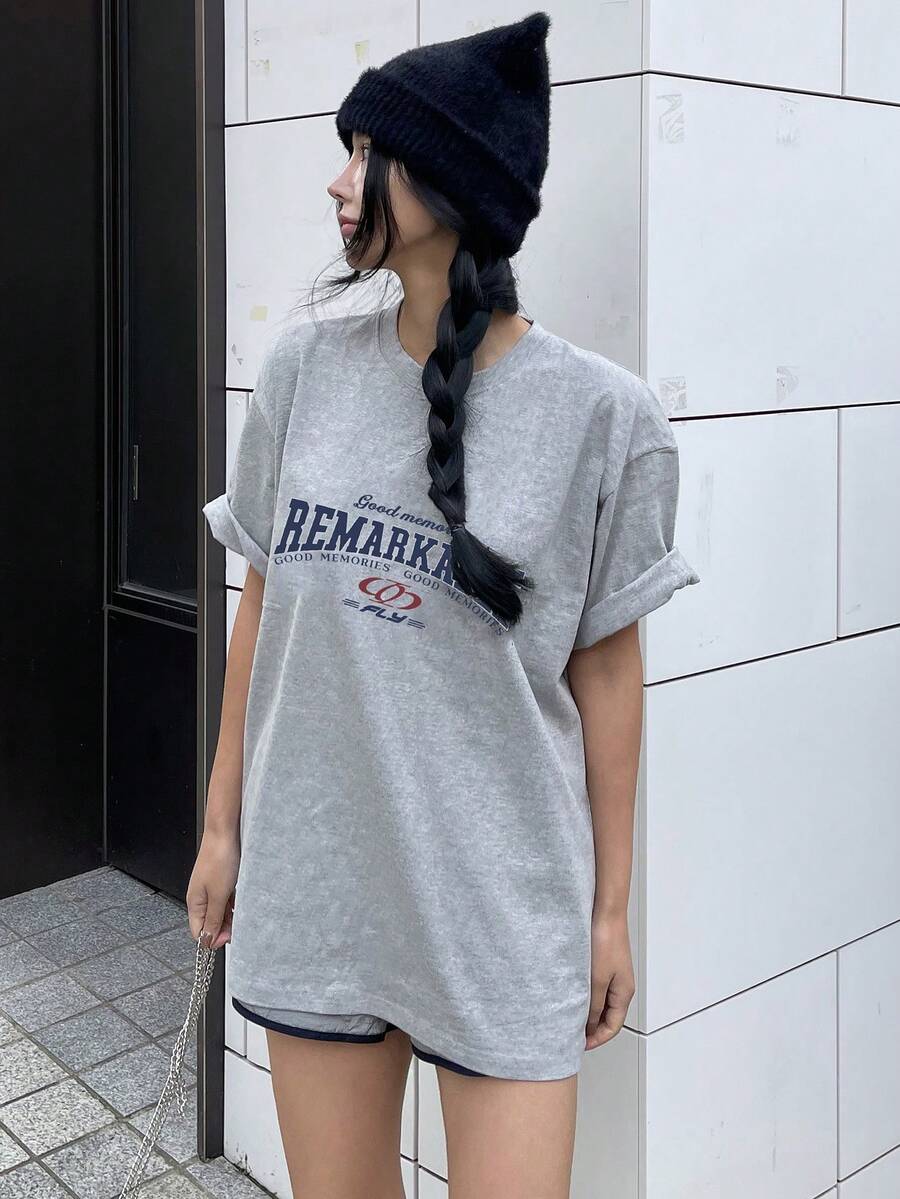 DAZY 女性寬鬆印字街頭風t恤 - 灰色 - 查看 1