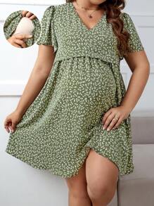 SHEIN Plus Size Maternity Nursing Dress In Ditsy Floral Print - Green - View 5