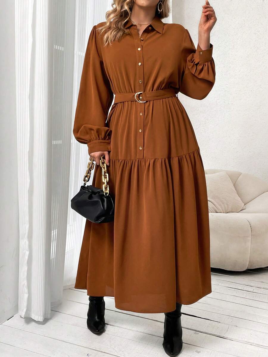 SHEIN Franclia Hơn Tay áo lồng đèn Xù Hoa Sen Thắt lưng Váy sơ mi - màu nâu - Xem 1