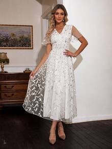 Simplee Women's V-Neck Embroidered Mesh Dress - White - View 4