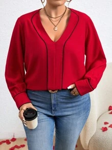 SHEIN LUNE Women's Plus Size V Neck Contrast Piping Shirt - Red - View 4
