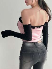 DAZY 女士撞色线缝设计上衣，露肩长袖女上衣，秋季女装 - 粉色 - 查看 4