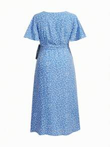 SHEIN 孕婦愛印花裹身領帶連身裙 - 藍色 - 查看 6