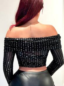 Slaydiva Off Shoulder Silver Foil Print Top