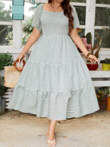 SHEIN VCAY 格紋荷葉邊大尺碼女裝彈性腰連衣裙 - 薄荷綠 - 查看 5