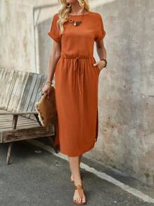 EMERY ROSE Women's Summer Brick Red Round Neck Batwing Short-Sleeve Midi Dress