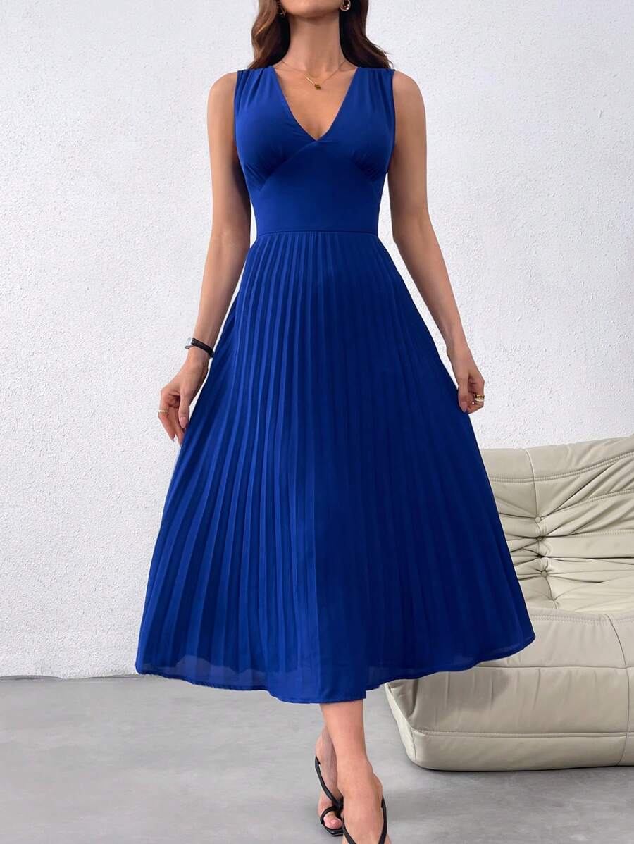 SHEIN Privé Váy xếp ly màu xanh, váy bán trang trọng - Màu xanh lam - Xem 1