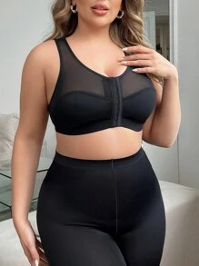 Plus Size Front Hook Closure Wireless Mesh Contrast Brassiere Lingerie - Black - View 3