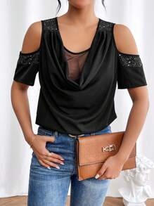 Chiquease Women's Off Shoulder Short Sleeve Blouse With Drape Neckline