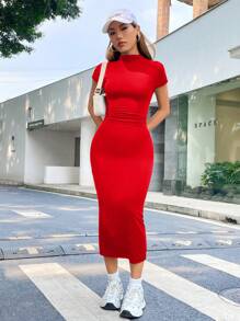 SHEIN EZwear Vestido De Punto Ajustado Y De Medio Manga - Rojo - Ver 4