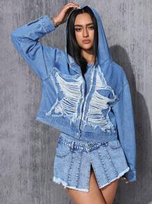 SHEIN EZwear Women's Ripped Dropped Shoulder Long Sleeve Hooded Denim Jacket - Medium Wash - View 4