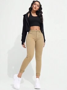 SHEIN Essnce Enfärgad Mager Jeans - Kaki - Visa 6