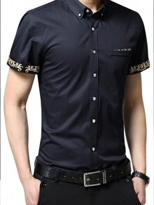 Camisa De Manga Corta Con Estampado De Patchwork Para Hombre - Azul Marino - Ver 3