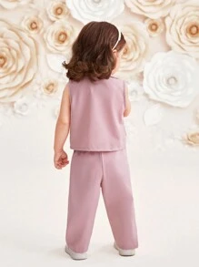 SHEIN Baby Girl Casual Solid Color Suit Collar Sleeveless Vest And Long Pants With Suspender Vest 3pcs Set
