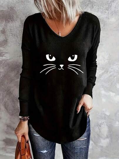 INAWLY 加大码卡通印花长袖T恤，女士春秋季上衣
