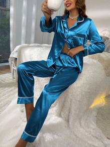Contrast Binding Button Front Lapel Collar Satin PJ Set / Pajama Set - Navy Blue - View 4