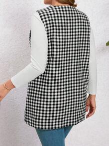 EMERY ROSE Women'S Plus Size Plaid Open Front Vest Coat - Black and White - View 2