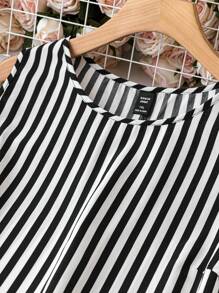 SHEIN LUNE 女式大码无袖条纹连衣裙，夏季 - 黑與白 - 查看 5