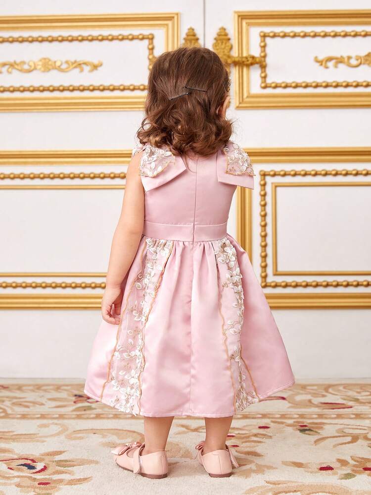 Baby Girl'S Gorgeous Elegant Satin Patchwork Flower Embroidery Mesh Sleeveless Dress