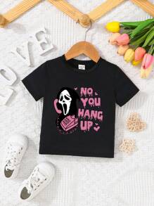 Baby Girls' Casual Letter & Skull Print Comfortable Round Neck Short Sleeve Top, Summer - Black - View 1