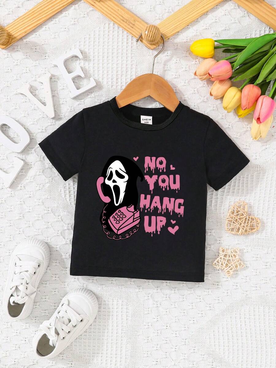 Baby Girls' Casual Letter & Skull Print Comfortable Round Neck Short Sleeve Top, Summer - Black - View 1