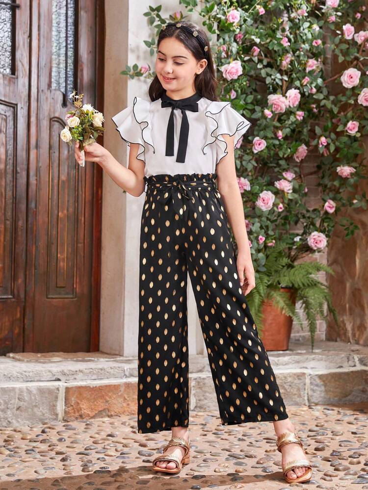 Tween Girls' Long Sleeve Shirt With Stand Collar, Double-Layered Ruffle Trim & Detachable Waist Belt Design, And Pants With Frill Edge Detail, 2pcs/Set