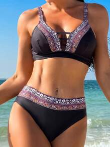 SHEIN Swim 夏季女士拼接编织肩带镂空比基尼套装 - 黑色 - 查看 5