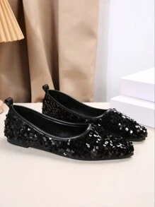 Zapatos de niña de talla 33-41, cómodos zapatos planos con suela blanda, puntera en punta y lentejuelas brillantes para adolescentes, adecuados para primavera y otoño - Negro - Ver 2