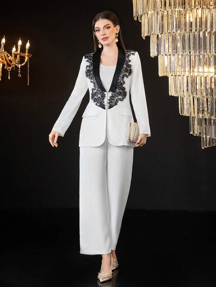 Women'S Lace Decorated Contrast Color Shawl Collar Long Sleeve Blazer And Pants Set