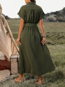 LanaWest Women's V-Neck Button Detail Slit Dress Maxi Women Outfit - Army Green - View 2