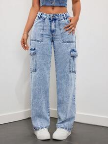 SHEIN ICON Của phụ nữ Eo thấp Quần legging thẳng Với Nhiều Túi , Acid Denim mùa giặt - Rửa trung bình - Xem 6