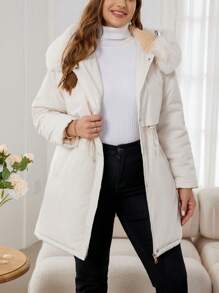 SHEIN Privé 大码女式优雅连帽加厚外套，带保暖内衬 - 杏色 - 查看 5