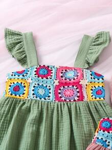 SHEIN 夏季年轻女孩格纹印花钩针细节两件套吊带连衣裙套装 - 彩色 - 查看 5