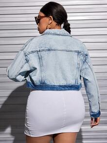 SHEIN SXY Của phụ nữ Kích thước lớn Tương phản Màu sắc Nút phía trước Áo khoác denim Với Túi - Rửa nhẹ - Xem 2