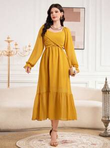 Seusyu Ladies' Cross Front Design Ruffle Sleeves Dress - Yellow - View 5