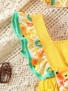 Baby Girls' Duck Printed Ruffle Strap Bodysuit & Hat Set, Comfortable, Fashionable, Fun, Casual, Spring/Summer - Yellow - View 5