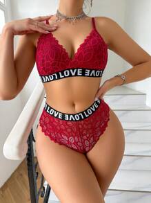 Romantic Series Alphabet Print Ribbon Lace Sexy Lingerie 2pcs/Set